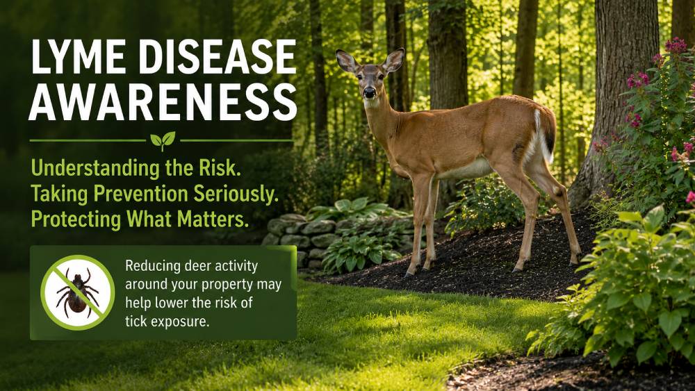 Lyme Disease Awareness graphic showing a deer in a backyard with a tip about reducing deer activity to lower tick exposure risk.