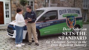 Deer Solution customer service specialist assisting homeowner with deer repellent services.